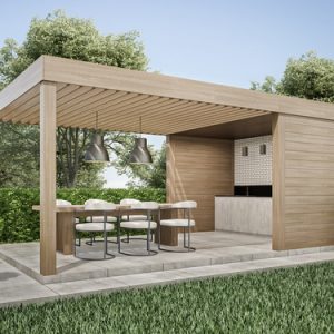 Exterior pergola dinning area in backyard 3D render